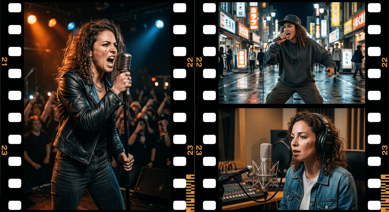 Consistent female pop singer in different music video scenes